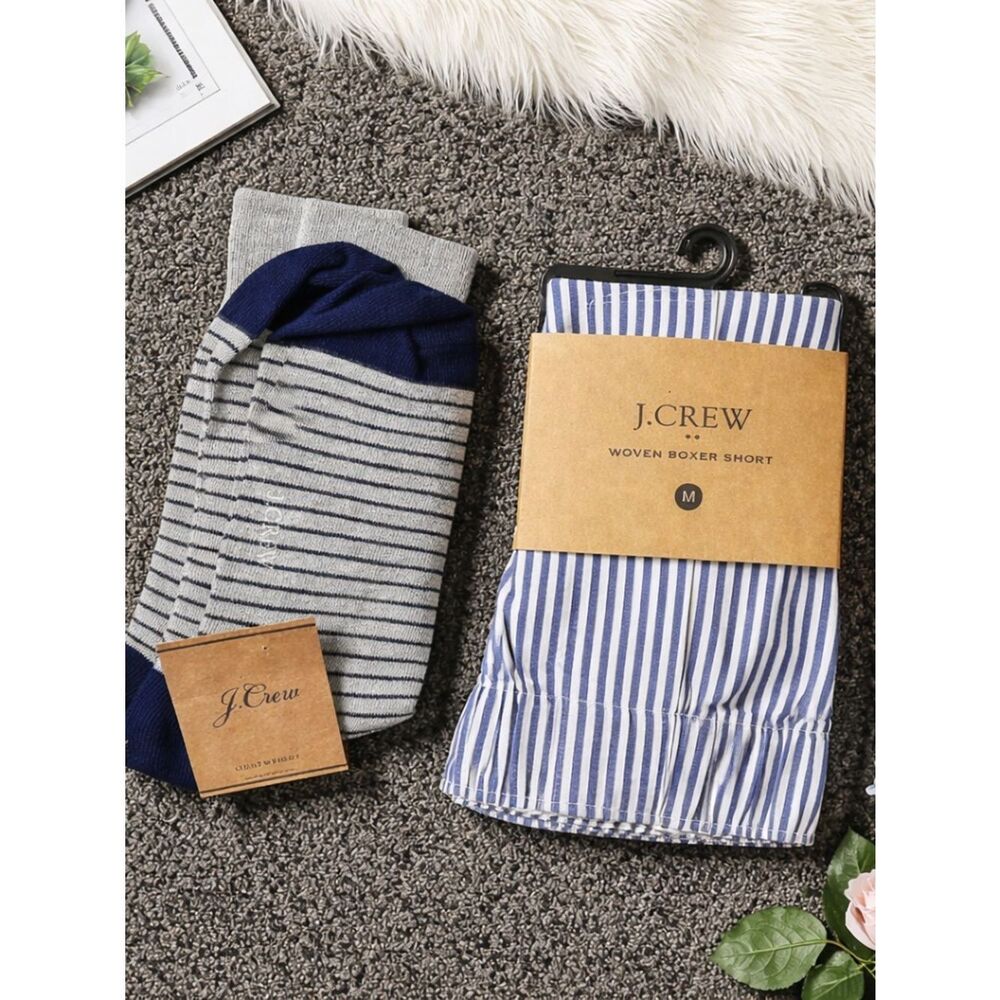 NWT J Crew Men’s Woven Boxer Shorts Blue White Stripe Medium- Dress Socks Stripe